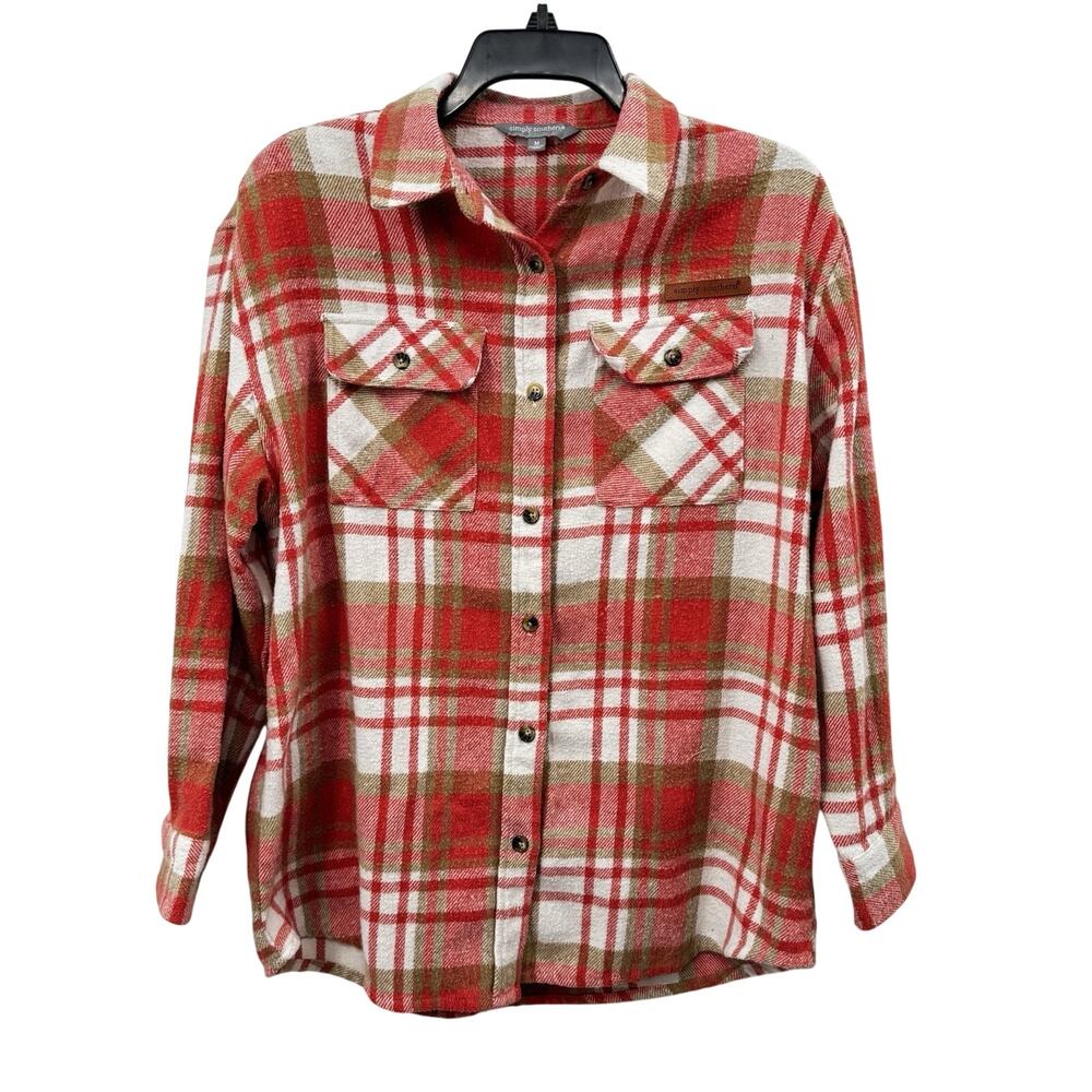 Simply Southern Size Medium Coral Tan and White Button-Down Plaid Flannel Shirt